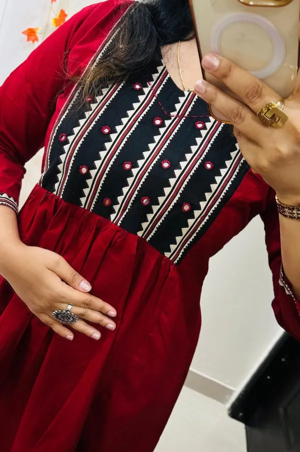 Elegant_Red_Cotton_Kurti_Set_with_Contrast_Embroidery