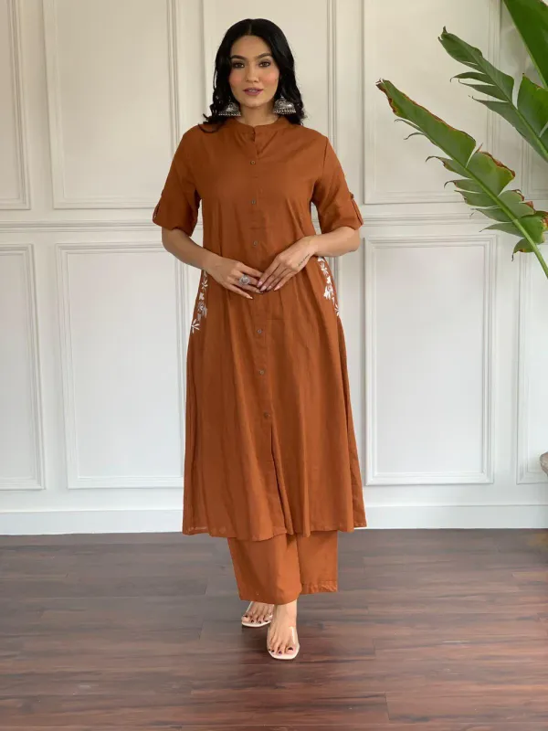 Brown_Rust_Embroidered_Cotton_Kurta_and_Palazzo_Set