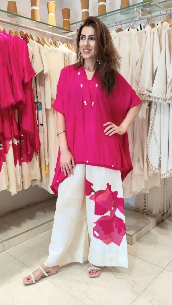 Fuchsia_Pink_Asymmetric_Kurti_with_Printed_Palazzo_Pants