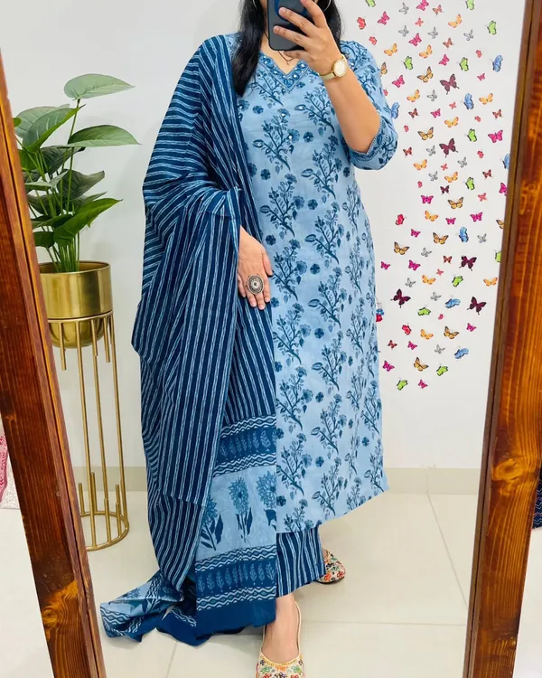 Indigo_Floral_Handblock_Kurta_Set_with_Striped_Dupatta