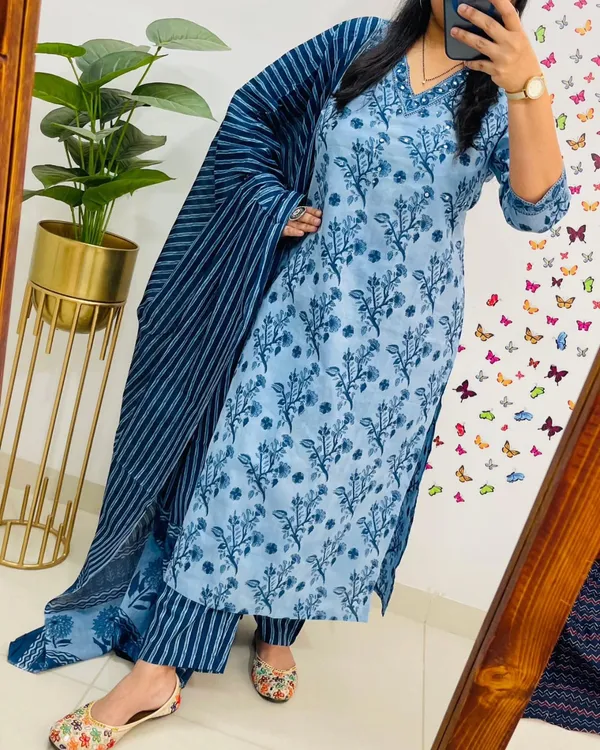 Indigo_Floral_Handblock_Kurta_Set_with_Striped_Dupatta