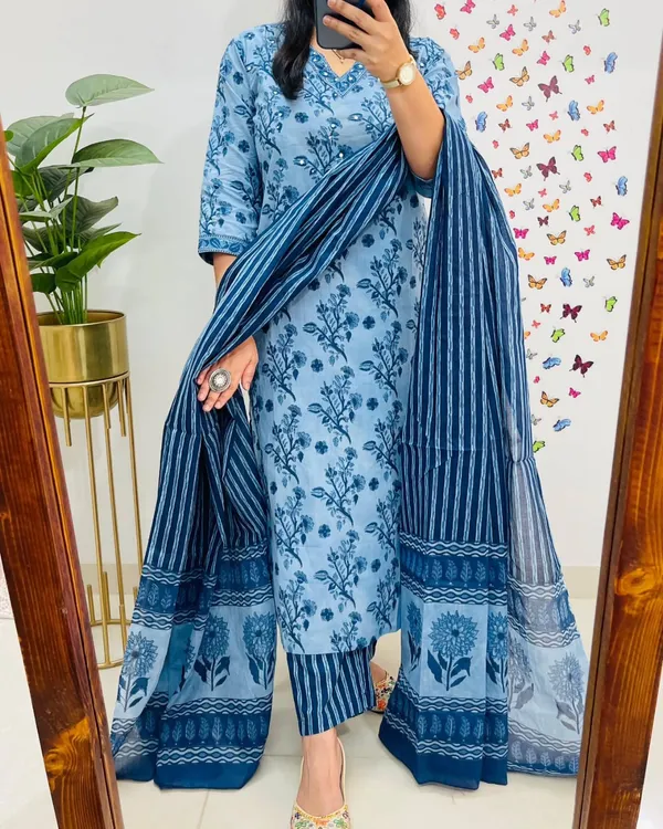 Indigo_Floral_Handblock_Kurta_Set_with_Striped_Dupatta