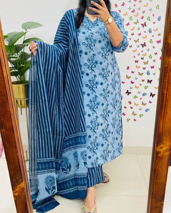 Indigo_Floral_Handblock_Kurta_Set_with_Striped_Dupatta