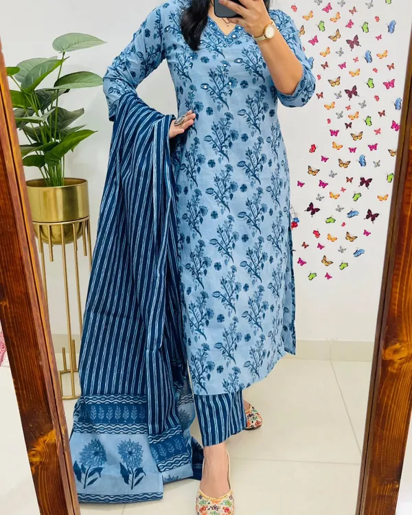 Indigo_Floral_Handblock_Kurta_Set_with_Striped_Dupatta