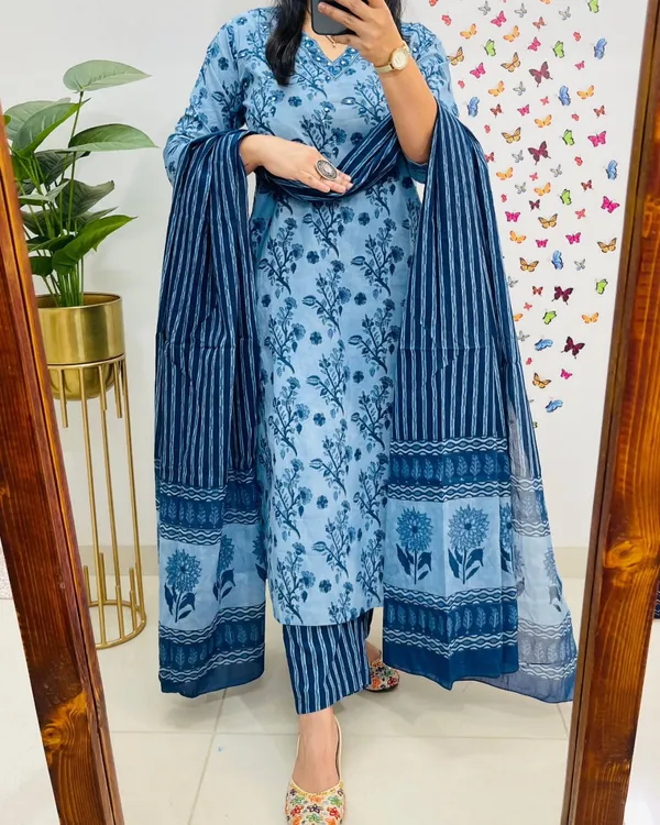 Indigo_Floral_Handblock_Kurta_Set_with_Striped_Dupatta