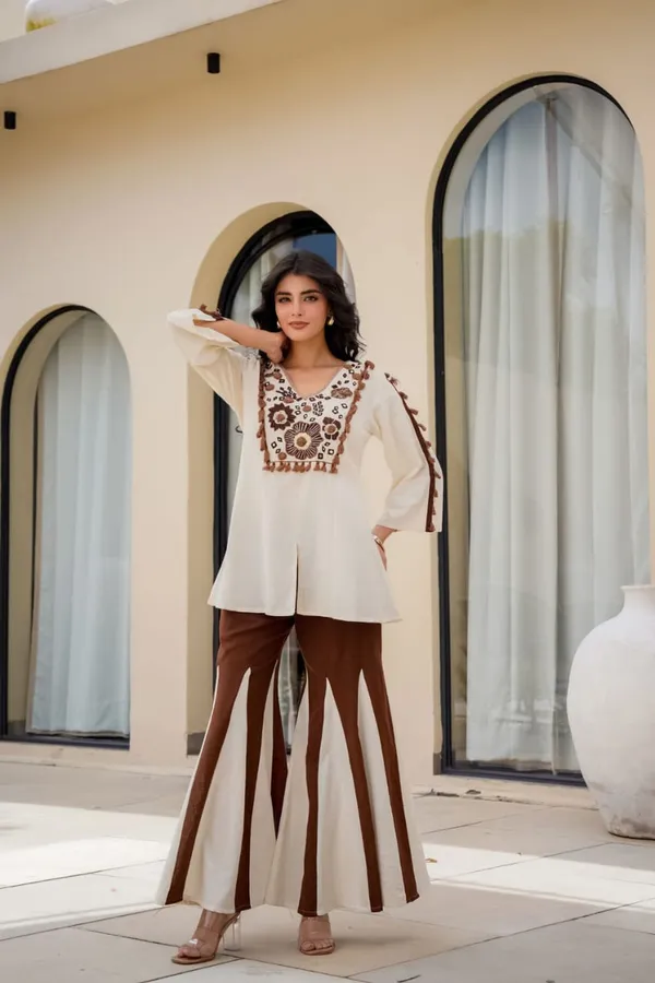 Ivory_Embroidered_Short_Kurti_with_Brown_Flared_Palazzo_Pants