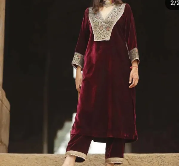 Maroon_Velvet_Kashmiri_Embroidered_Kurta_Set