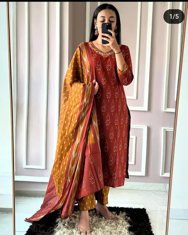 Maroon_&_Mustard_Ikat_Print_Cotton_Kurta_Set_with_Dupatta
