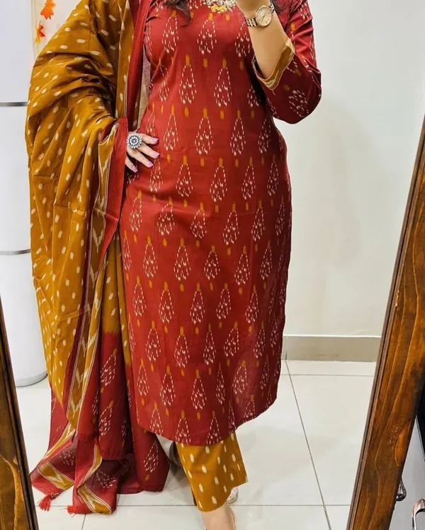 Maroon_&_Mustard_Ikat_Print_Cotton_Kurta_Set_with_Dupatta