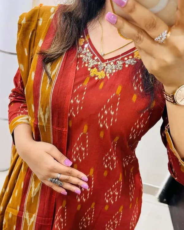Maroon_&_Mustard_Ikat_Print_Cotton_Kurta_Set_with_Dupatta
