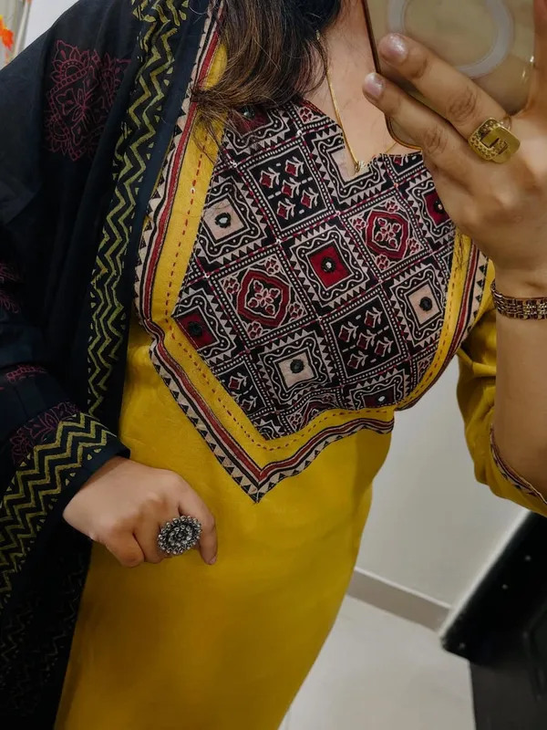 Mustard_Yellow_Kurta_Set_with_Black_Ajrakh-Inspired_Dupatta