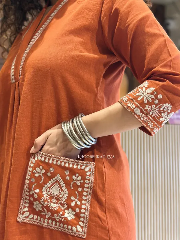 Orange_Cotton_Slub_Kurti_Pant_Set_Heavy_Embroidery_Work_With_Side_Pocket