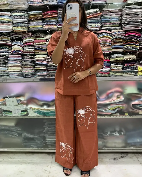 Rust_Orange_Co-ord_Set_with_Artistic_Line_Art