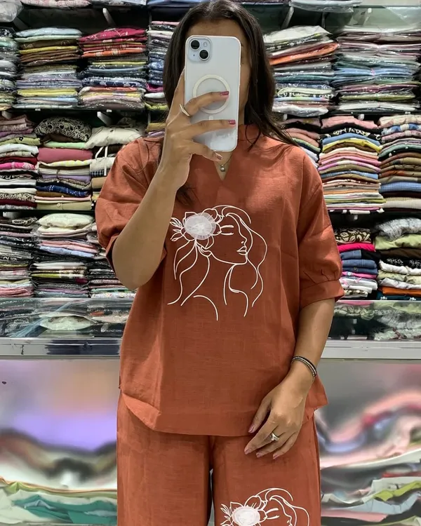 Rust_Orange_Co-ord_Set_with_Artistic_Line_Art