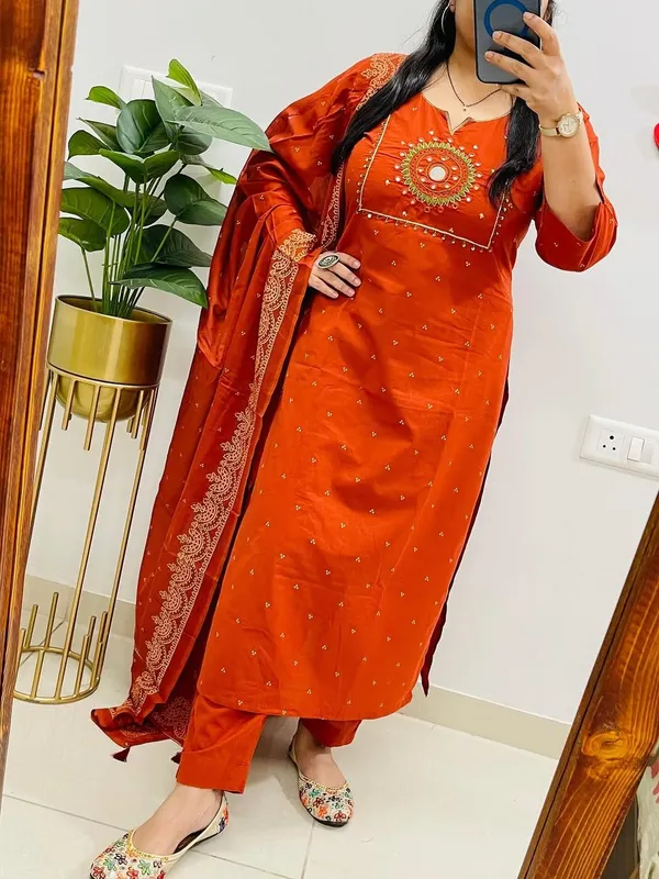 Rust_Orange_Embroidered_Cotton_Kurta_Set_with_Dupatta