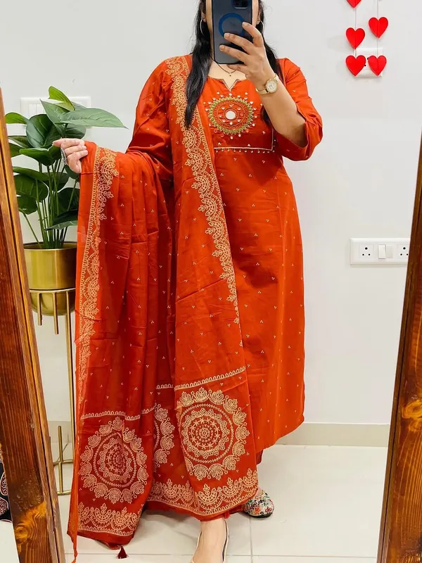 Rust_Orange_Embroidered_Cotton_Kurta_Set_with_Dupatta