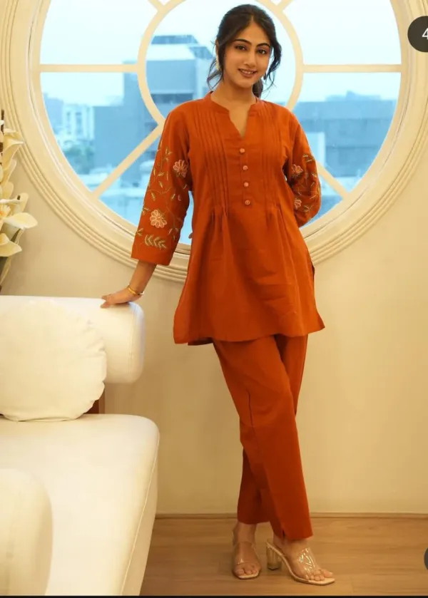 Rust_Orange_Embroidered_Peplum_Kurta_Set