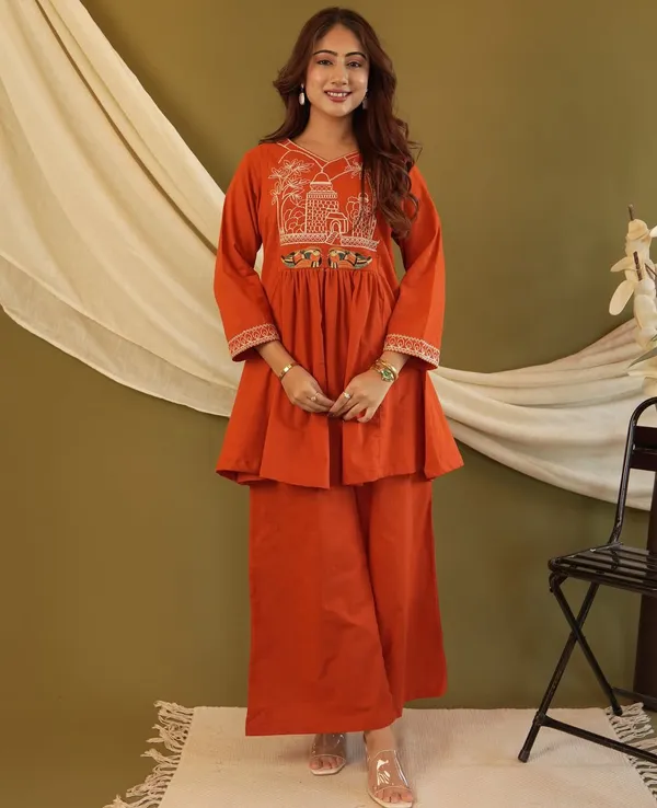 Rust_Orange_Peplum_Kurta_Set_with_Heritage_Embroidery