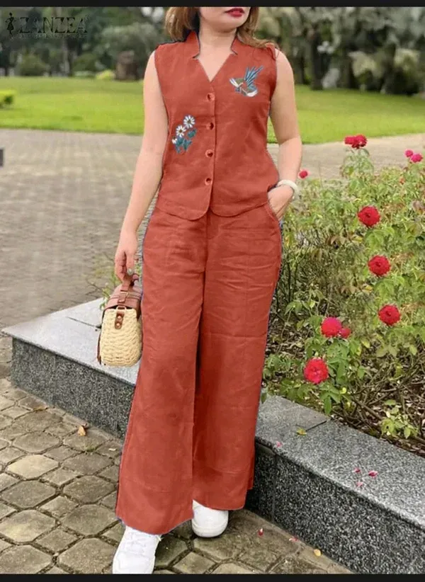 Rust_Sleeveless_Bird_Embroidered_Co-ord_Set