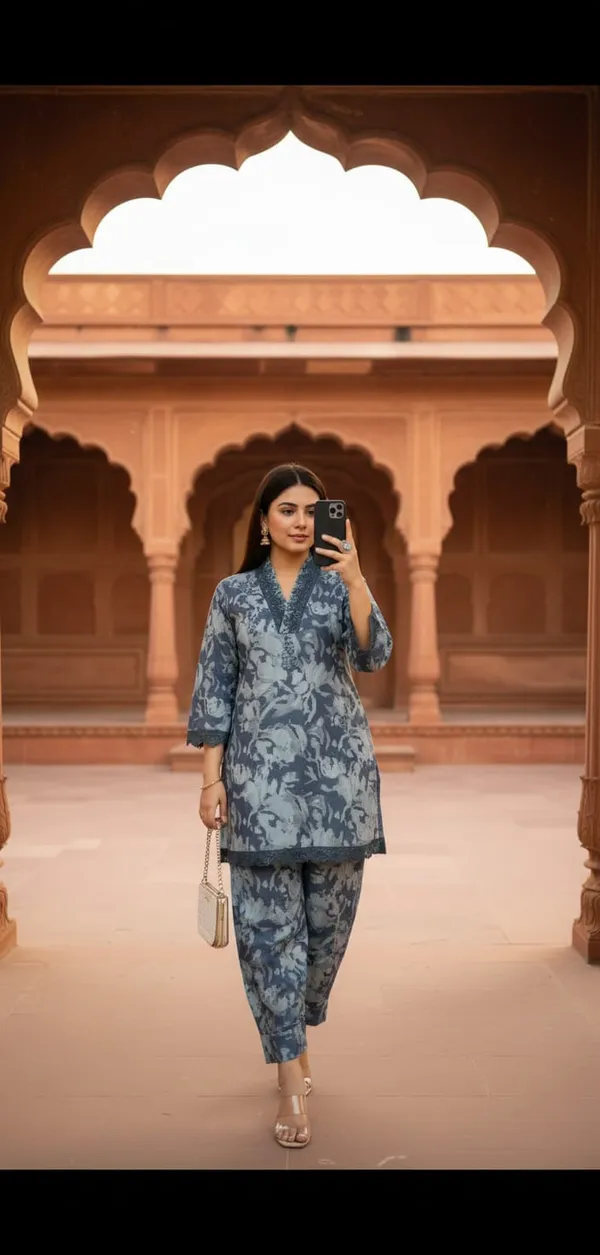 Slate_Blue_Floral_Print_Kurta_Co-Ord_Set