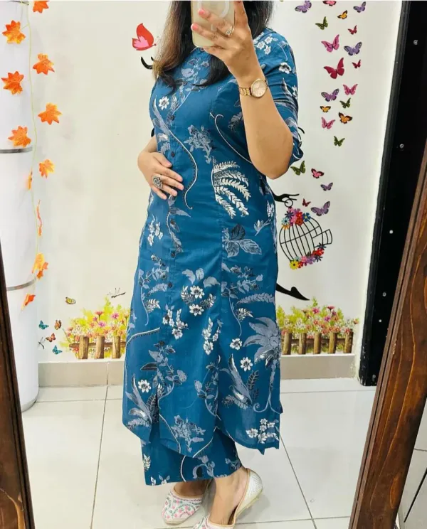 Teal_Blue_Floral_Button-Down_Kurta_Set