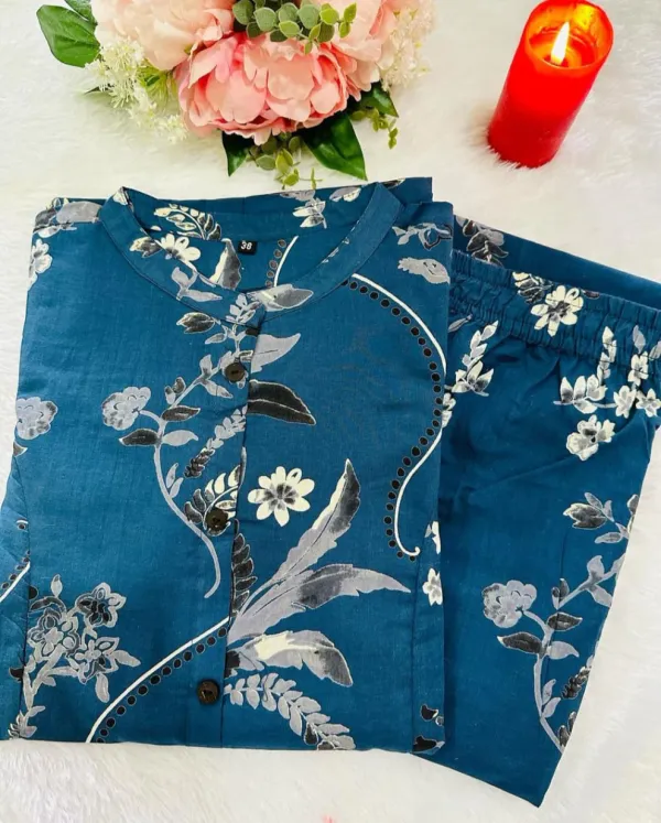 Teal_Blue_Floral_Button-Down_Kurta_Set