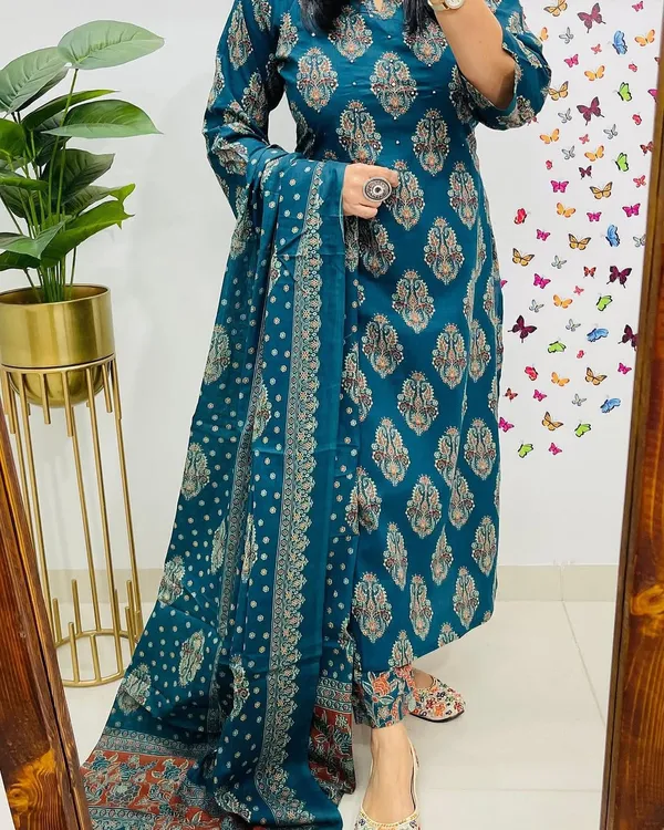 Teal_Blue_Printed_Cotton_Kurta_Set_with_Dupatta