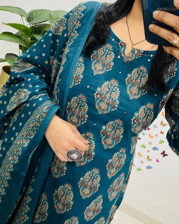 Teal_Blue_Printed_Cotton_Kurta_Set_with_Dupatta