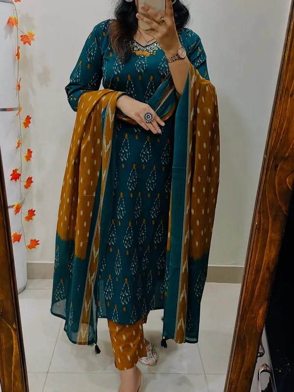 Teal_Green_&_Mustard_Ikat_Print_Cotton_Kurta_Set_with_Dupatta