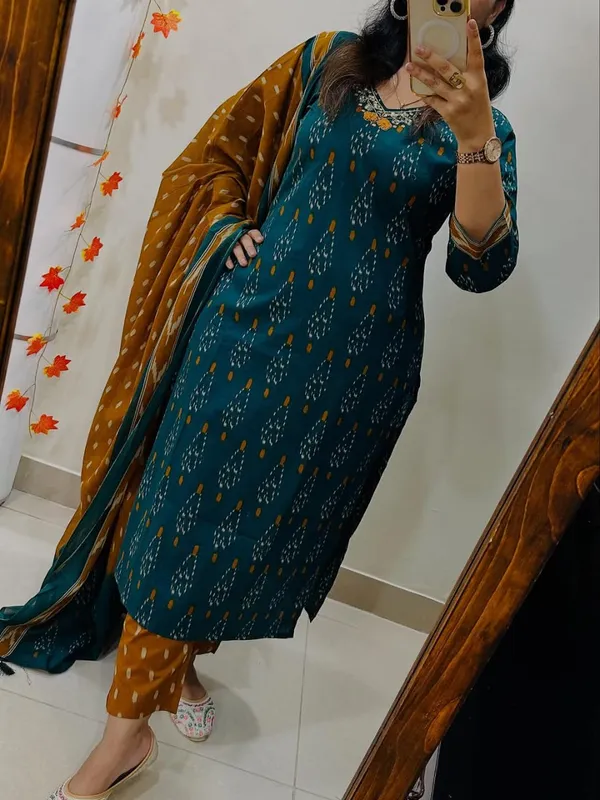 Teal_Green_&_Mustard_Ikat_Print_Cotton_Kurta_Set_with_Dupatta