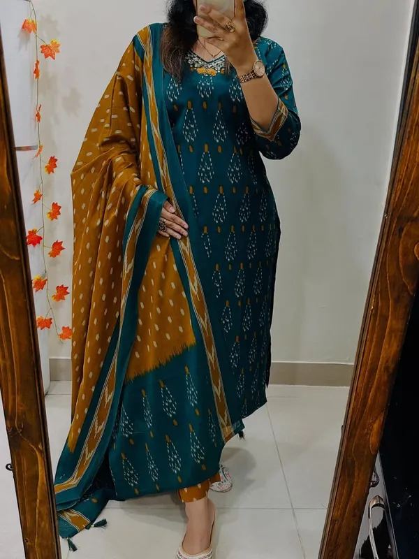 Teal_Green_&_Mustard_Ikat_Print_Cotton_Kurta_Set_with_Dupatta