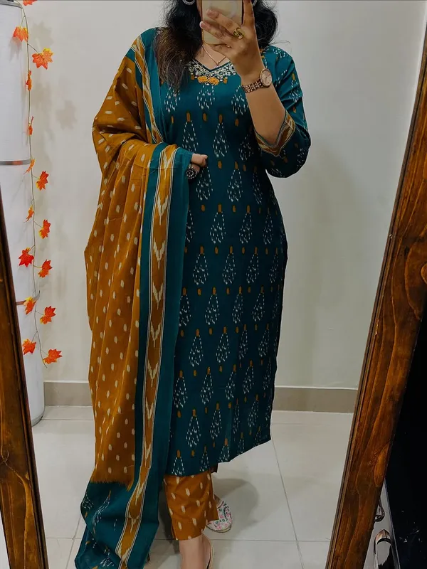 Teal_Green_&_Mustard_Ikat_Print_Cotton_Kurta_Set_with_Dupatta