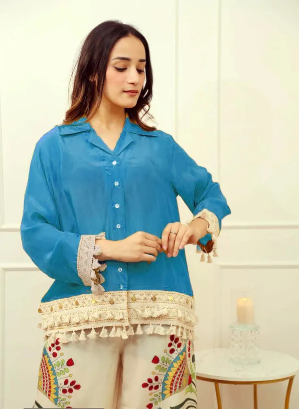 Turquoise_Tassel_Shirt_with_Artistic_Printed_Palazzo_Set