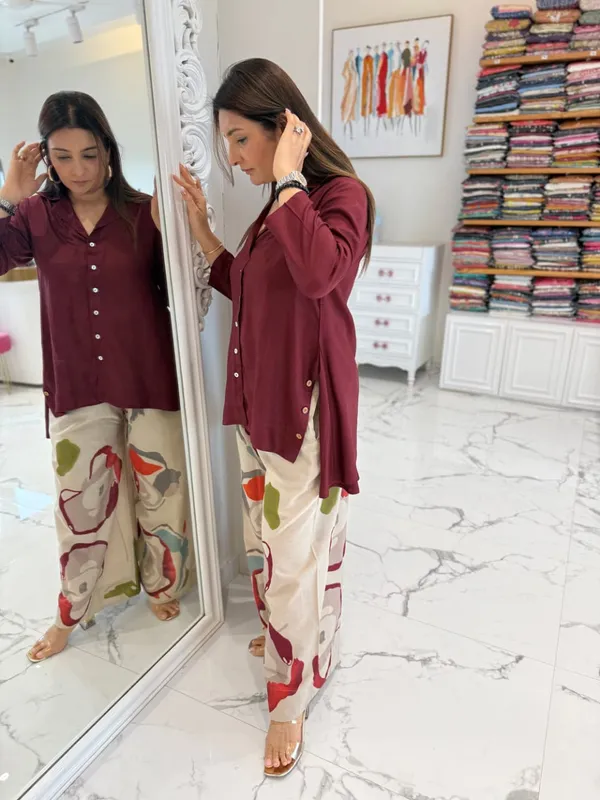 Wine_Button-Down_Tunic_with_Abstract_Printed_Pants
