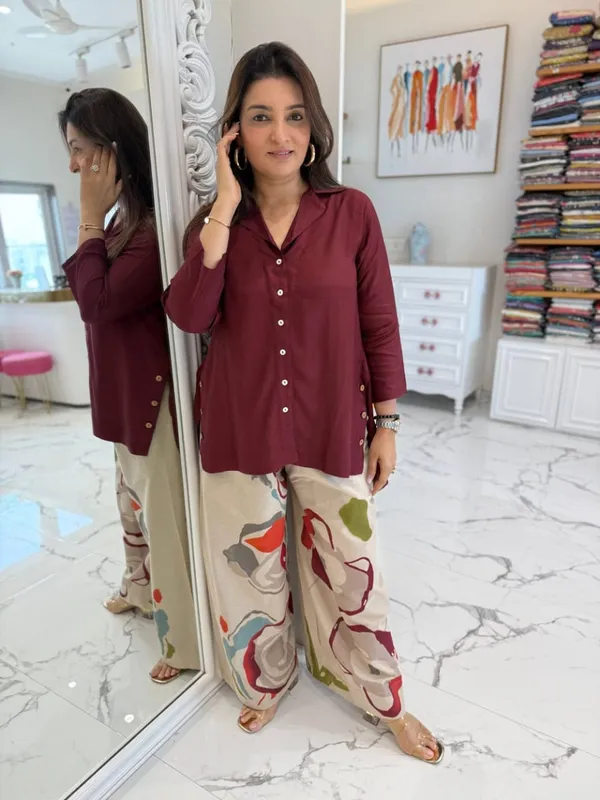 Wine_Button-Down_Tunic_with_Abstract_Printed_Pants