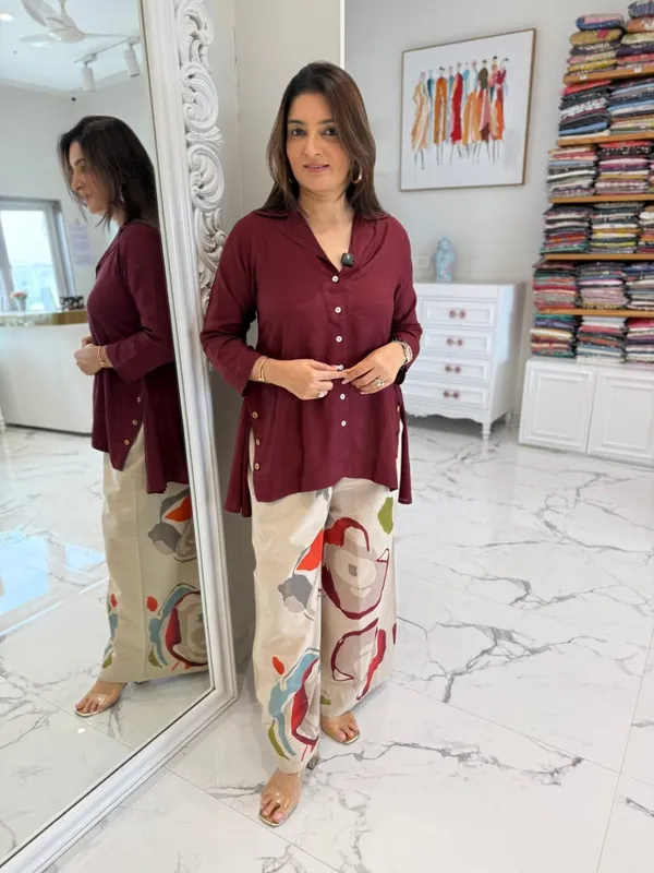 Wine_Button-Down_Tunic_with_Abstract_Printed_Pants