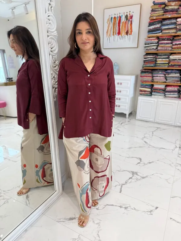 Wine_Button-Down_Tunic_with_Abstract_Printed_Pants