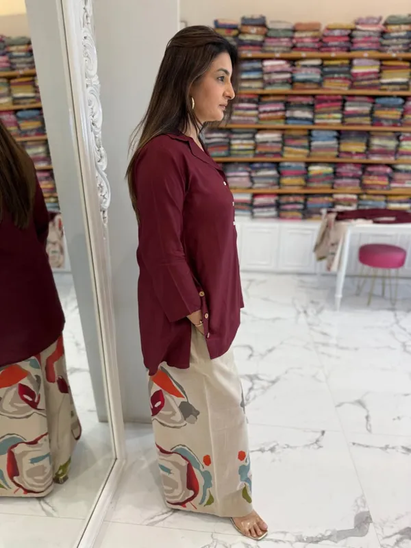 Wine_Button-Down_Tunic_with_Abstract_Printed_Pants