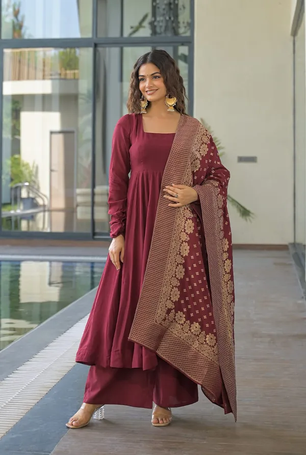 Wine_Maroon_Anarkali_Kurta_Set_with_Printed_Dupatta