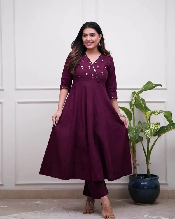 Wine_Mirror-Work_Anarkali_Kurti_Set