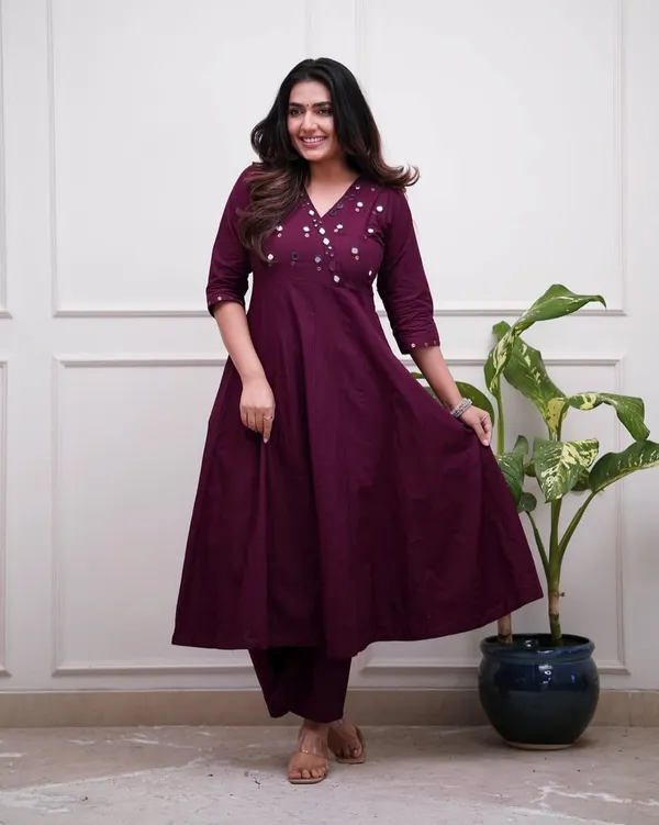 Wine_Mirror-Work_Anarkali_Kurti_Set