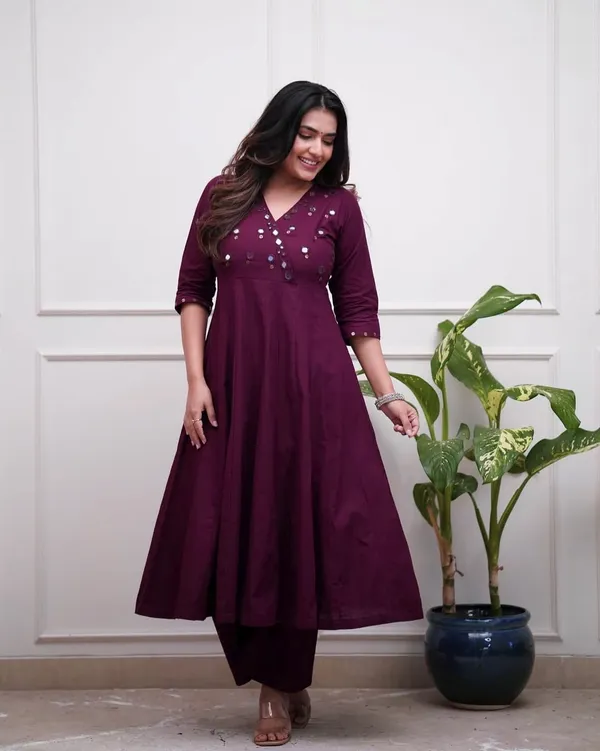 Wine_Mirror-Work_Anarkali_Kurti_Set
