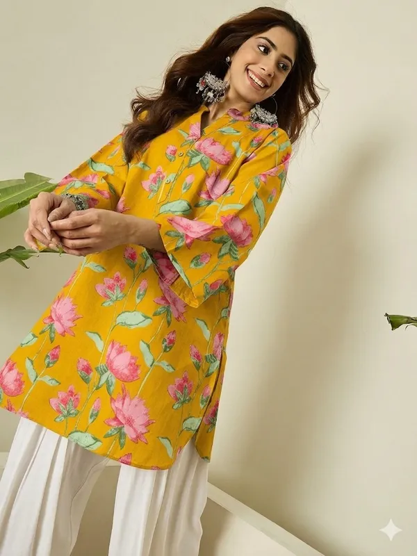Women's_Mustard_Yellow_Floral_Printed_Kurta_with_White_Palazzo_Pants
