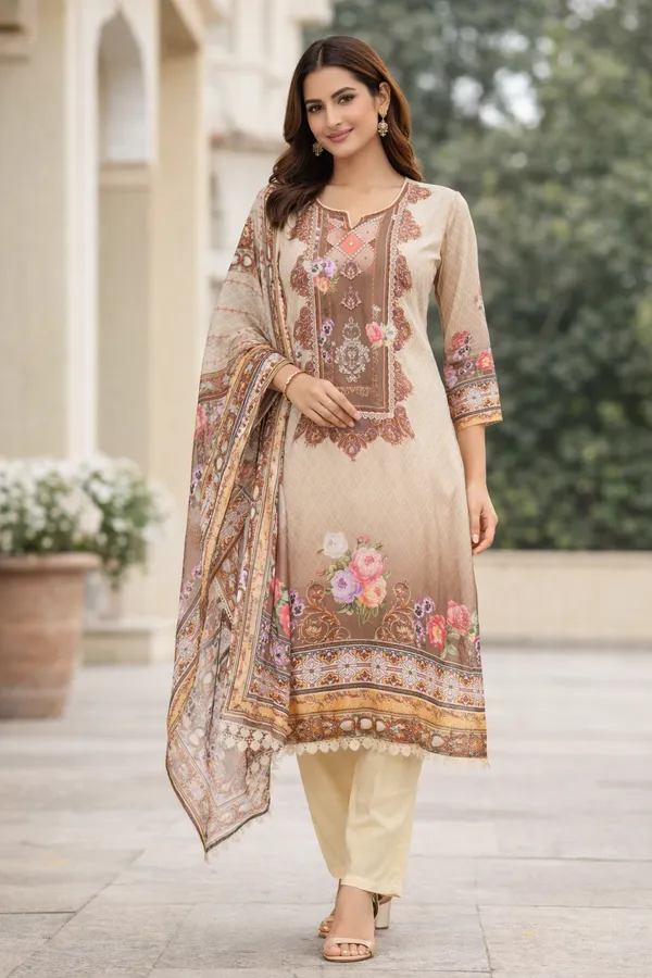 Beige_Elegant_Printed_Kurta_Set_With_Floral_Design_And_Dupatta_For_Women