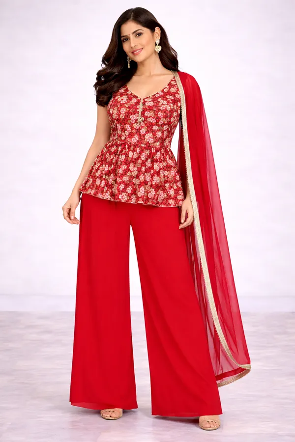 Red_Elegant_Floral_Peplum_Palazzo_Set_With_Dupatta_For_Women