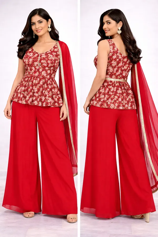 Red_Elegant_Floral_Peplum_Palazzo_Set_With_Dupatta_For_Women