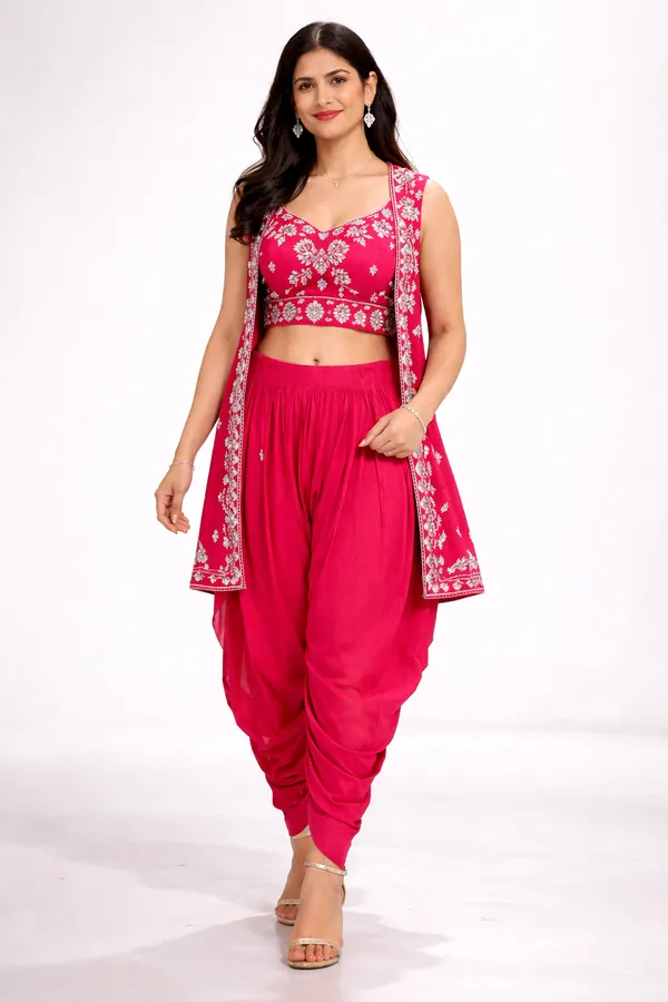 Rani_Pink_Embroidered_Dhoti_Style_Co_Ord_Set_With_Shrug_For_Women