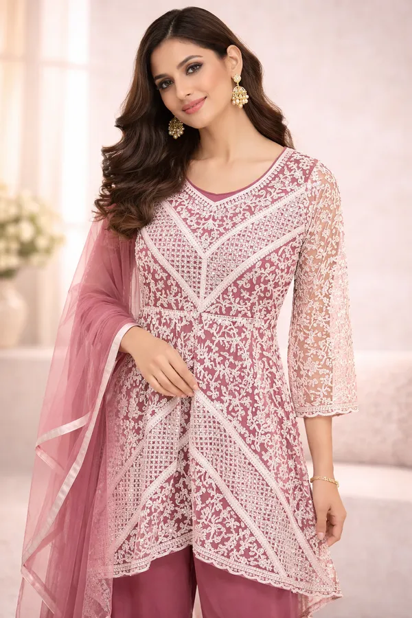 Mauve_Pink_Elegant_Mirror_Work_Kurta_Set_With_Palazzo_And_Dupatta_With_Readymade_Blouse_For_Women