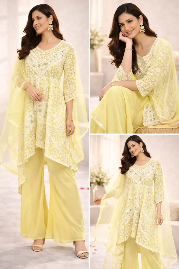 Lemon_Yellow_Embroidered/Mirror_Work_Kurta_Set_With_Plain_Blouse,_Palazzo_And_Plain_Dupatta_For_Women