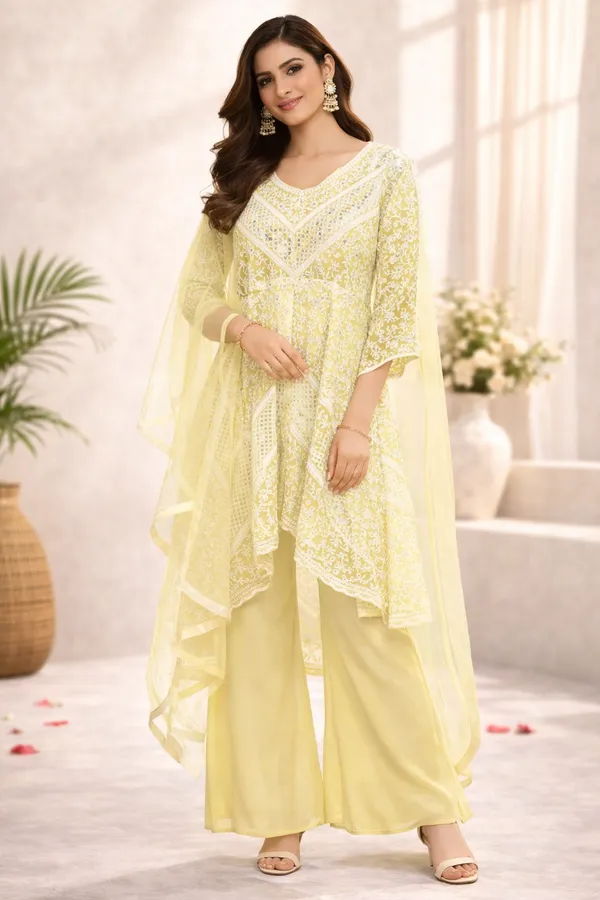 Lemon_Yellow_Embroidered/Mirror_Work_Kurta_Set_With_Plain_Blouse,_Palazzo_And_Plain_Dupatta_For_Women